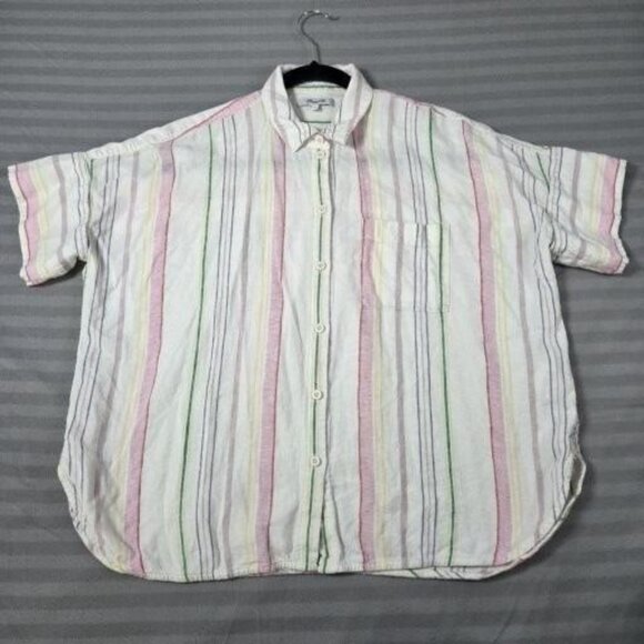 Madewell Shirt Womens S Fits XL White Pastel Stripe Linen Blend Short Sleeve Top - Picture 8 of 10